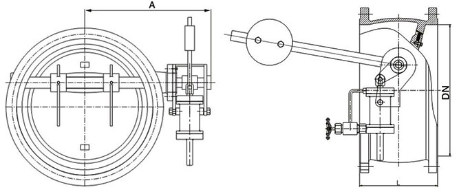 Dimensions of Tilting Disc Check Valve with Counterbalance (Counterweight) Arm & Cylinder