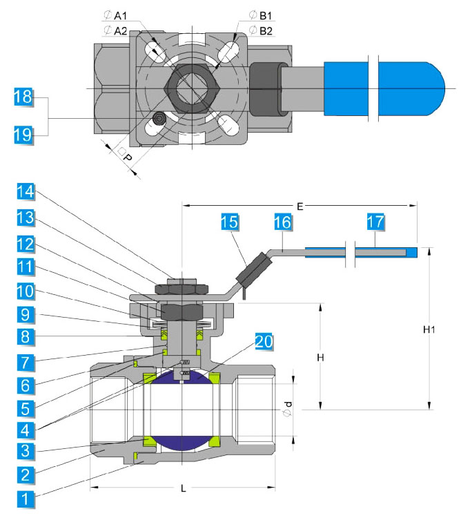 Materials of 1000 Psi / WOG-Two Piece-PTFE / RPTFE / PPL Seated Cast-Floating-with ISO Direct Mount Pad