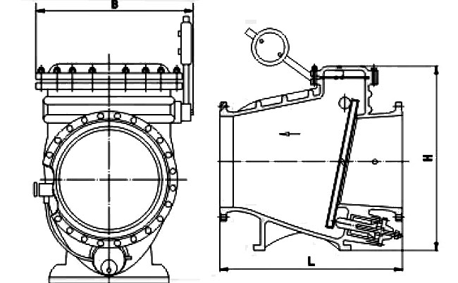 Dimensions of HH44X/T/H Non Slam Swing Check Valve with Counterbalance (Counterweight) Arm