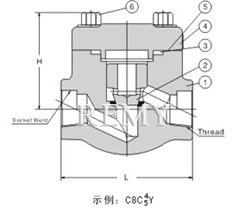  螺栓阀盖升降式锻钢止回阀 结构图1 