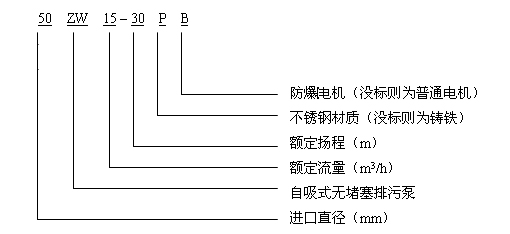 ZW型无堵塞自吸排污泵 型号说明