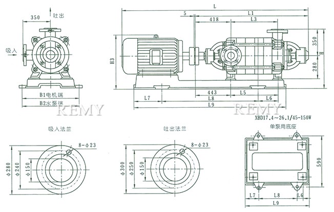 XBD5.8~21.6/45-150W型消防泵 外形及安装尺寸