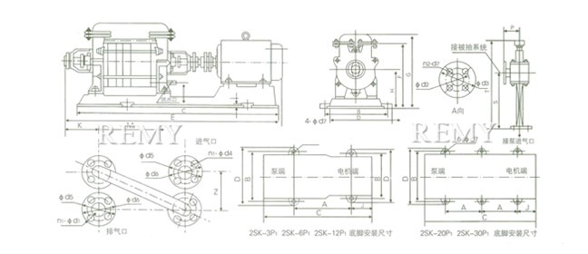 2SK-3P1、2SK-6P1、2SK-12P1、2SK-20P1、、2SK-30P1两级水环真空泵 外形及安装尺寸图