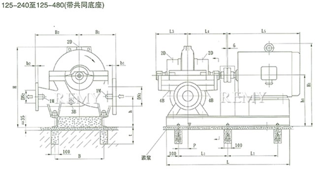 SOW中开泵（125-240 ~ 125-480）安装尺寸图