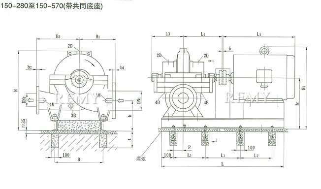 SOW中开泵（150-280 ~ 150-570） 安装尺寸图